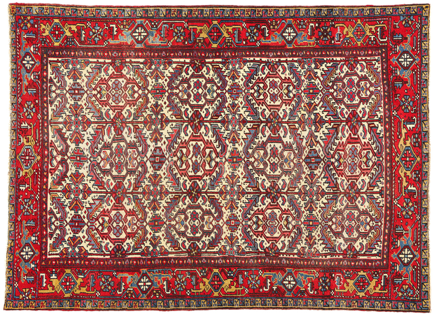 7 x 9 Antique Ivory Persian Dragon Serapi Heriz Rug 78768