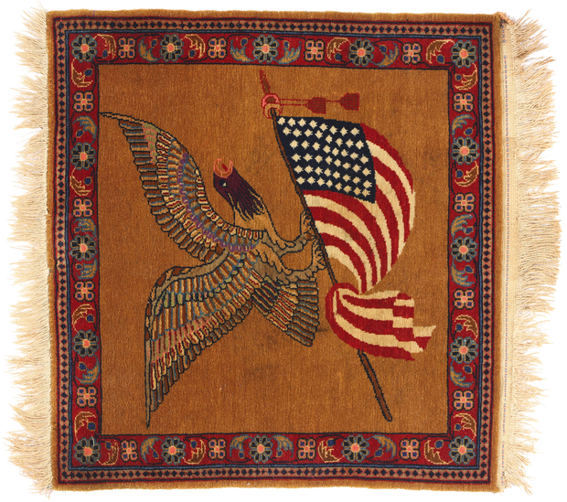 2 x 2 Antique Persian Kashan Eagle Flag Pictorial Rug 79200