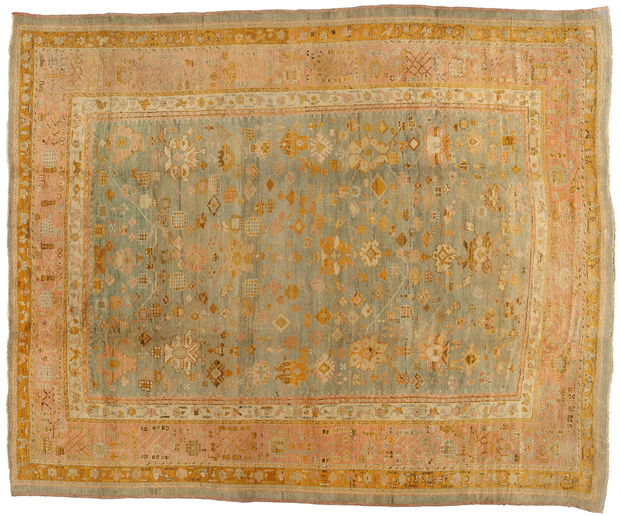 11 x 14 Late 19th Century Antique Green Turkish Oushak Rug 73717