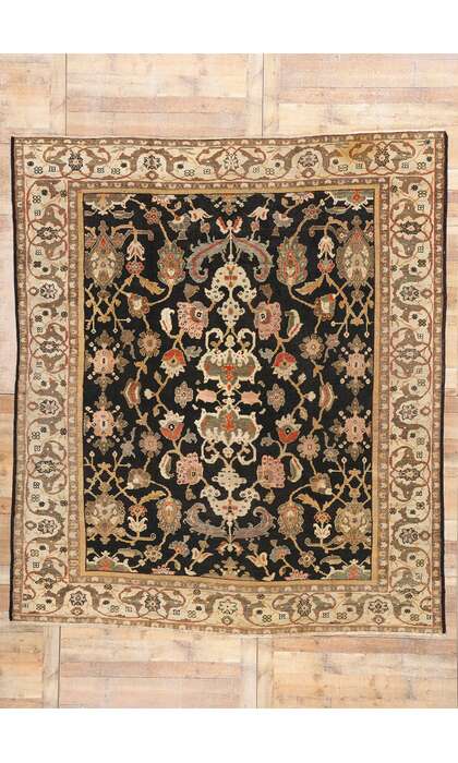 9 x 10 Late 19th Century Antique Black Persian Sultanabad Rug 77104