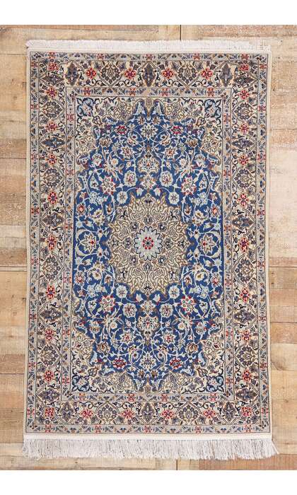 4 x 6 Vintage Blue Persian Nain Wool and Silk Rug 79139