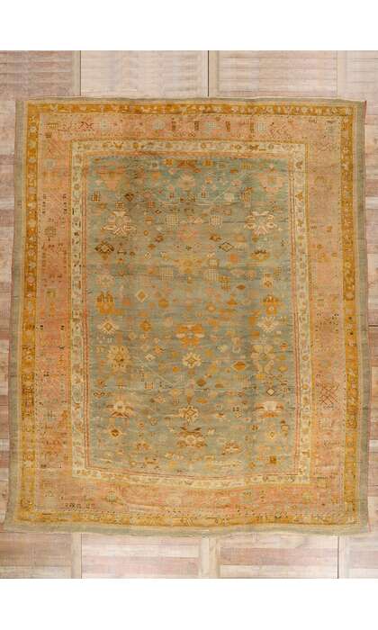 11 x 14 Late 19th Century Antique Green Turkish Oushak Rug 73717