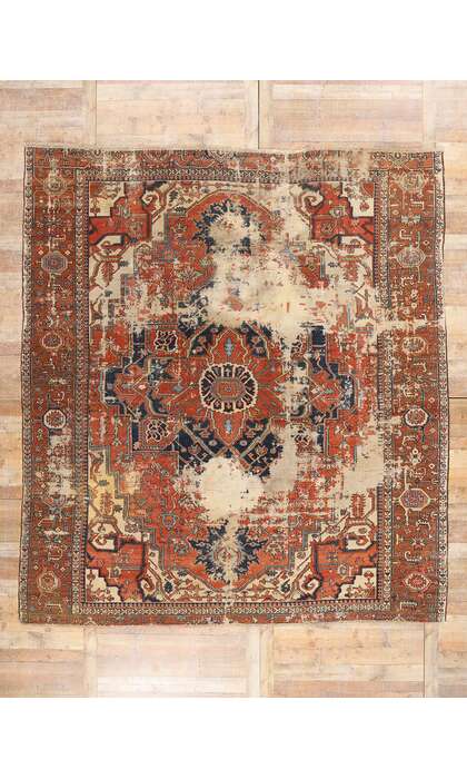 10 x 13 Late 19th Century Distressed Antique Persian Serapi Rug 74951