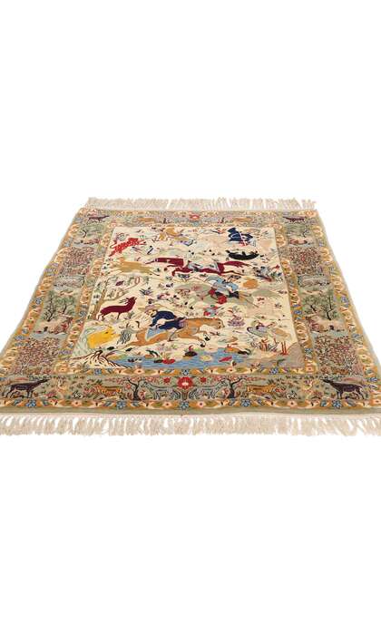 4 x 5 Vintage Persian Hunting Scene Isfahan Rug 79166