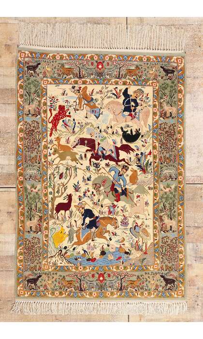 4 x 5 Vintage Persian Hunting Scene Isfahan Rug 79166