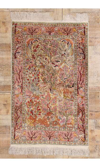 3 x 5 Vintage Turkish Silk Hereke Rug Garden of Paradise 79160