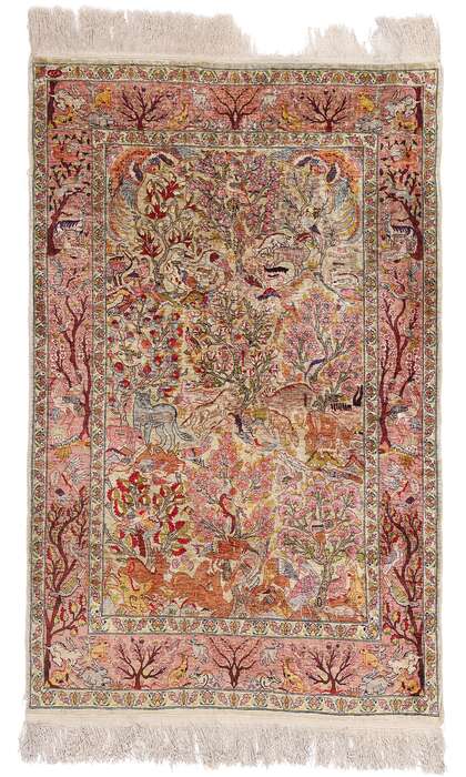 3 x 5 Vintage Turkish Silk Hereke Rug Garden of Paradise 79160