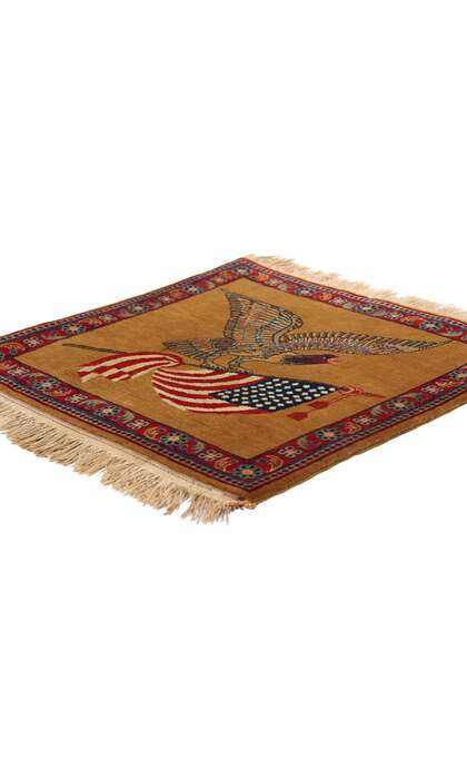 2 x 2 Antique Persian Kashan Eagle Flag Pictorial Rug 79200