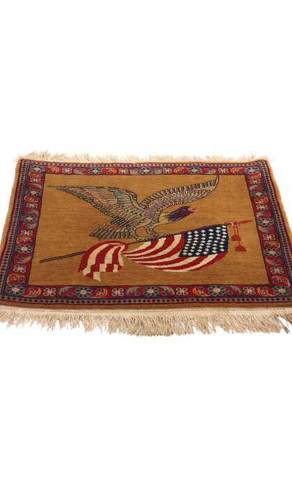 2 x 2 Antique Persian Kashan Eagle Flag Pictorial Rug 79200