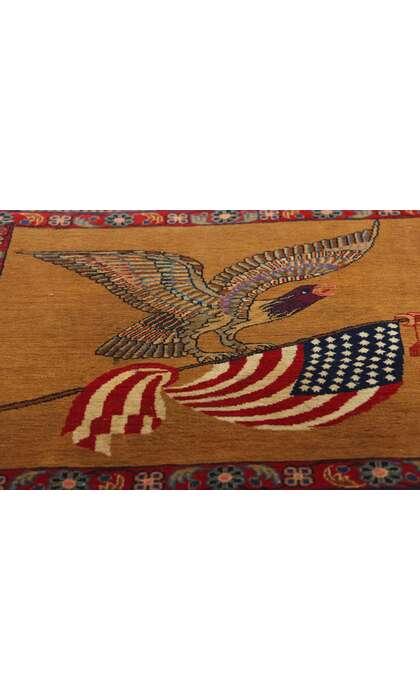 2 x 2 Antique Persian Kashan Eagle Flag Pictorial Rug 79200
