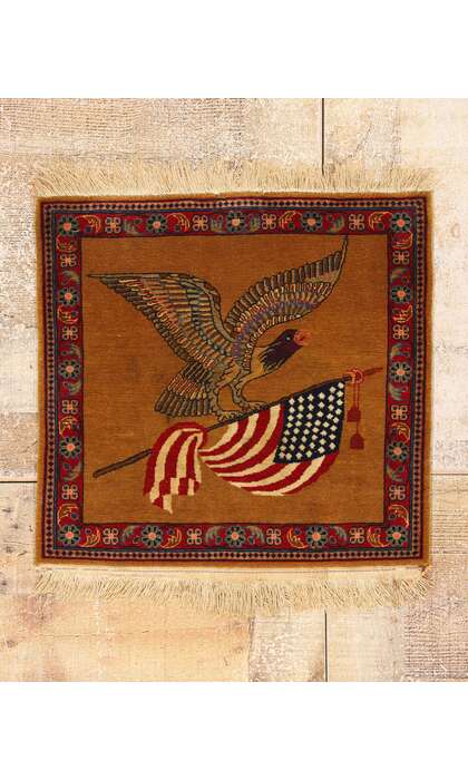 2 x 2 Antique Persian Kashan Eagle Flag Pictorial Rug 79200