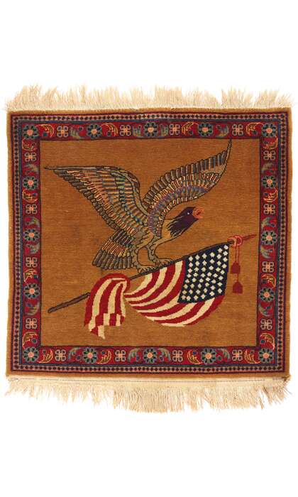 2 x 2 Antique Persian Kashan Eagle Flag Pictorial Rug 79200