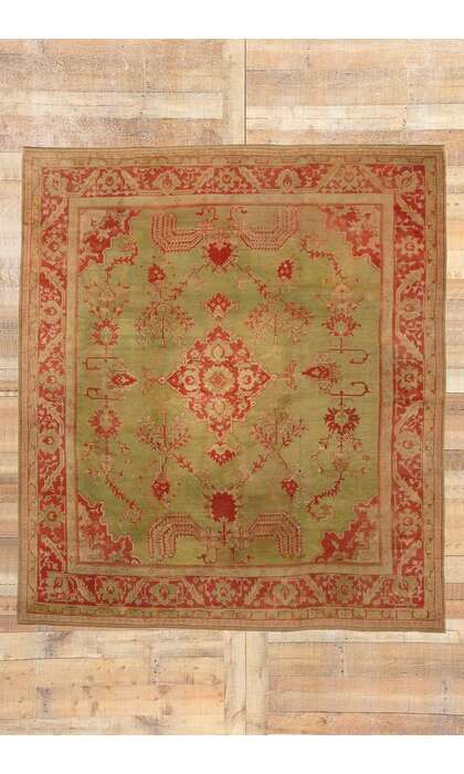 14 x 16 Late 19th Century Antique Green Turkish Oushak Rug 74173