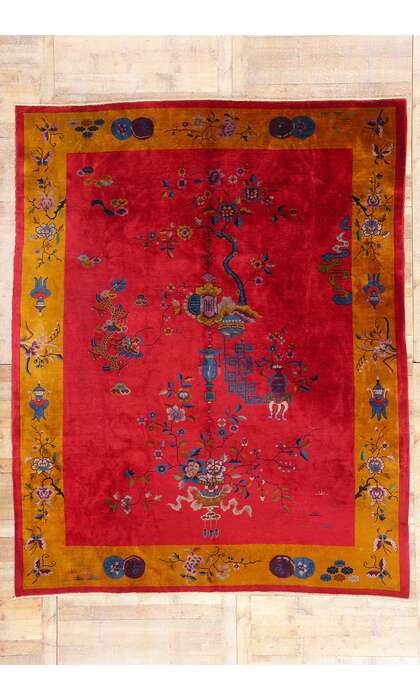 9 x 11 Antique Red Chinese Art Deco Rug 79219