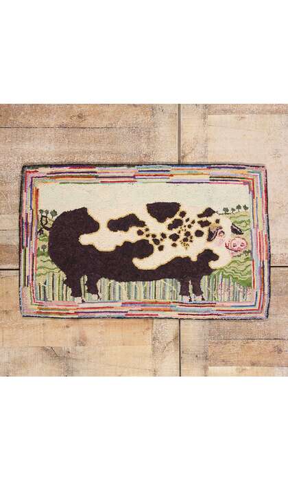 2 x 3 Vintage Gloucester Old Spot Pig Hooked Rug 79267
