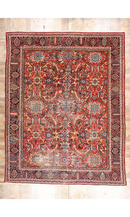 14 x 17 Distressed Antique Red Persian Mahal Rug 79269