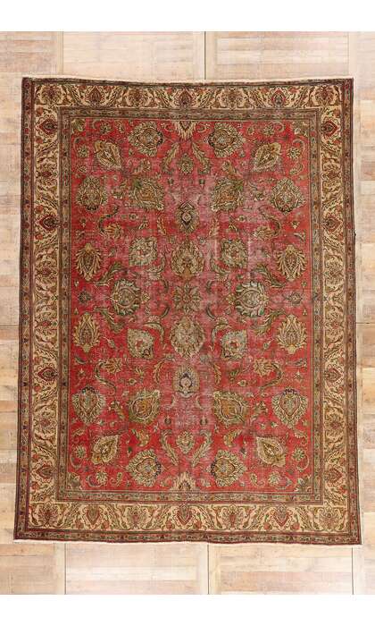 9 x 13 Distressed Antique Red Persian Tabriz Rug 74329