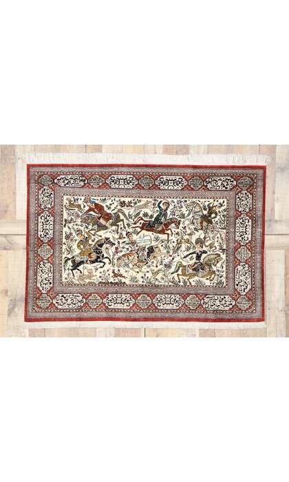 3 x 5 Vintage Persian Silk Qum Hunting Rug 77865