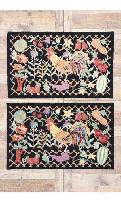 3 x 4 Vintage Rooster Hooked Rug 77918