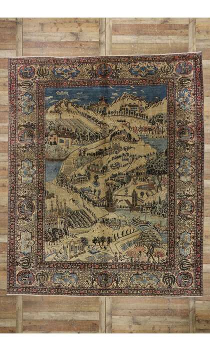 9 x 12 Distressed Antique Persian Tabriz Pictorial Rug with Cartouche Border 53653
