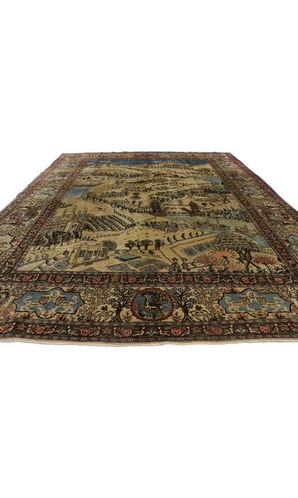 9 x 12 Distressed Antique Persian Tabriz Pictorial Rug with Cartouche Border 53653