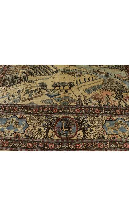 9 x 12 Distressed Antique Persian Tabriz Pictorial Rug with Cartouche Border 53653