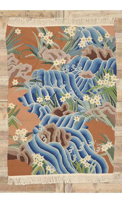 4 x 6 Vintage Kilim Rug Japanese Waterfall Tapestry Inspired by Katsushika Hokusai 77937