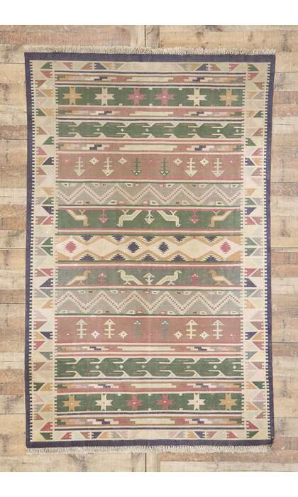 ​5 x 9 Vintage Indian Stone Wash Dhurrie Rug with Tribal Style 77985