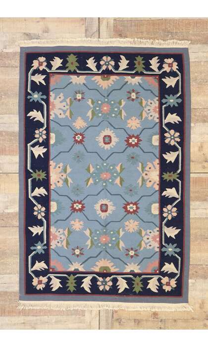 4 x 6 Vintage Romanian Floral Kilim Rug with Folk Art Cottage Style 77991