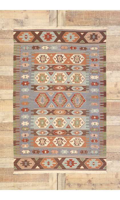 4 x 6 Vintage Persian Shiraz Kilim Rug with Bohemian Tribal Style 77992