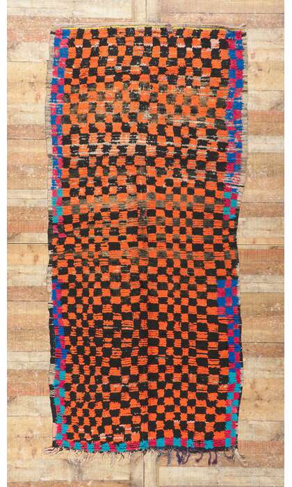 4 x 9 Vintage Checkered Moroccan Azilal Rug 21507