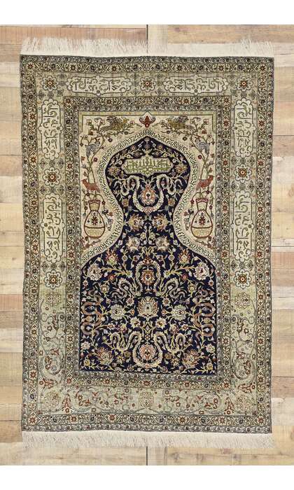 4 x 6 Vintage Turkish Silk Hereke Prayer Rug 77218