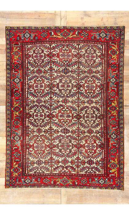 7 x 9 Antique Ivory Persian Dragon Serapi Heriz Rug 78768