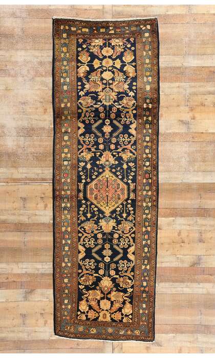 4 x 11 Antique Navy Blue Persian Hamadan Rug Runner 73245