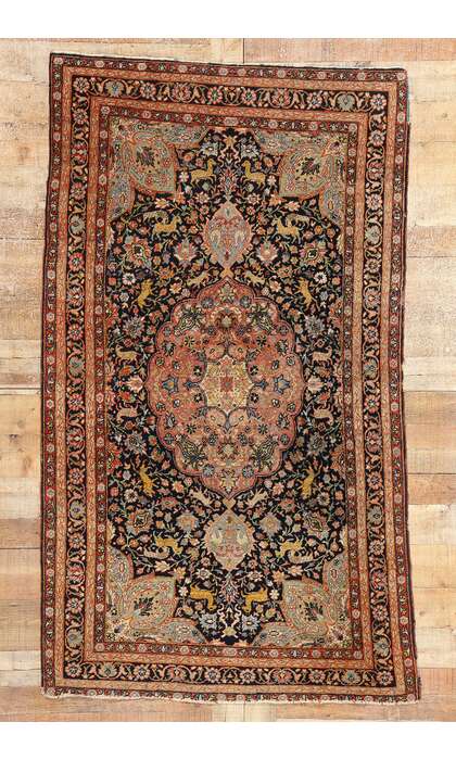 4 x 7 Antique Persian Tabriz Rug Safavid Medallion and Animal Carpet 78772