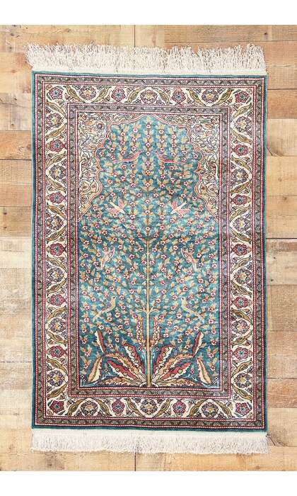 3 x 4 Vintage Turkish Silk Kayseri Tree of Life Prayer Rug 78777