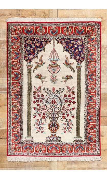 3 x 5 Vintage Persian Silk Qum Prayer Rug Qom Tableau 78782