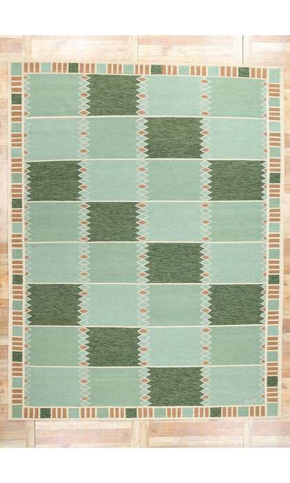 10 x 14 Scandinavian Modern Green Swedish Inspired Kilim Rug 31111