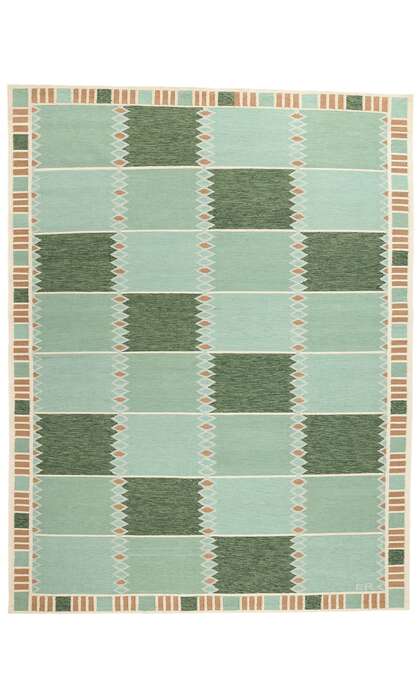 10 x 14 Scandinavian Modern Green Swedish Inspired Kilim Rug 31111