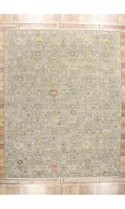 12 x 15 Vintage-Inspired Modern Green Oushak Rug 31074