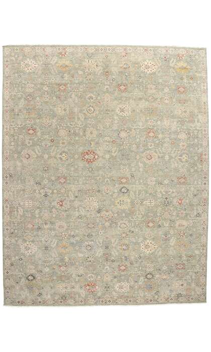 12 x 15 Vintage-Inspired Modern Green Oushak Rug 31074