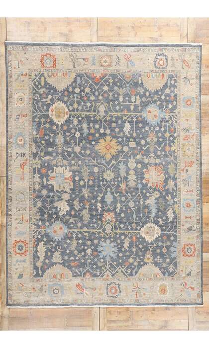 9 x 12 Vintage-Inspired Modern Slate Blue Oushak Rug 31063