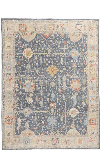 9 x 12 Vintage-Inspired Modern Slate Blue Oushak Rug 31063