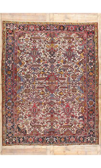 8 x 10 Antique Ivory Persian Dragon Heriz Rug 90004