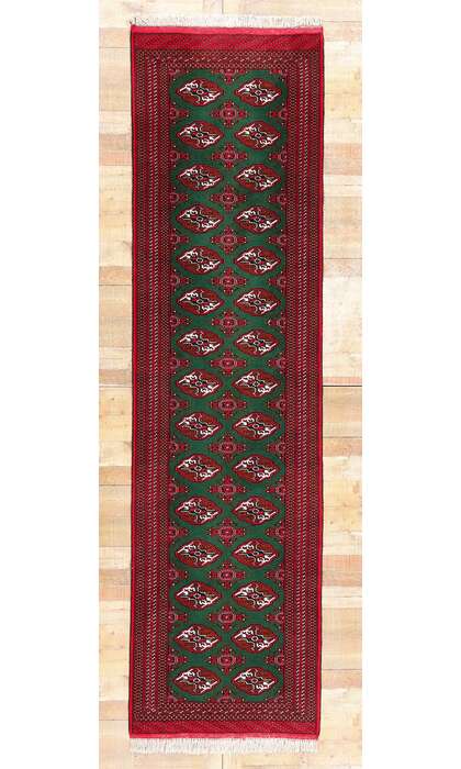 3 x 12 Vintage Green Persian Turkoman Rug Runner 78904