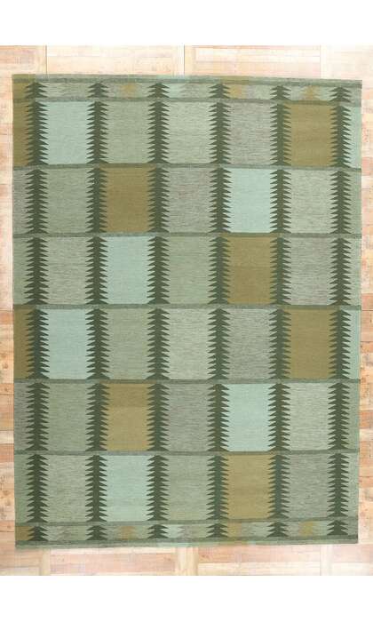 10 x 14 Scandinavian Modern Green Swedish Inspired Kilim Rug 31119