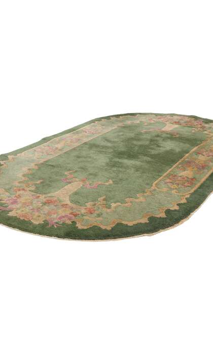 4 x 7 Antique Green Chinese Art Deco Oval Rug 78992