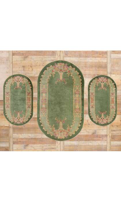 4 x 7 Antique Green Chinese Art Deco Oval Rug 78992