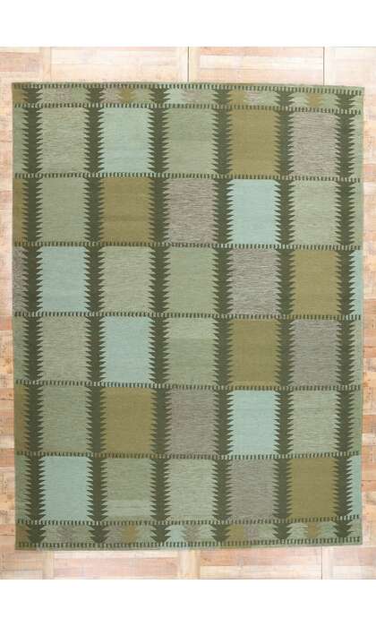 10 x 14 Scandinavian Modern Green Swedish Inspired Kilim Rug 31117