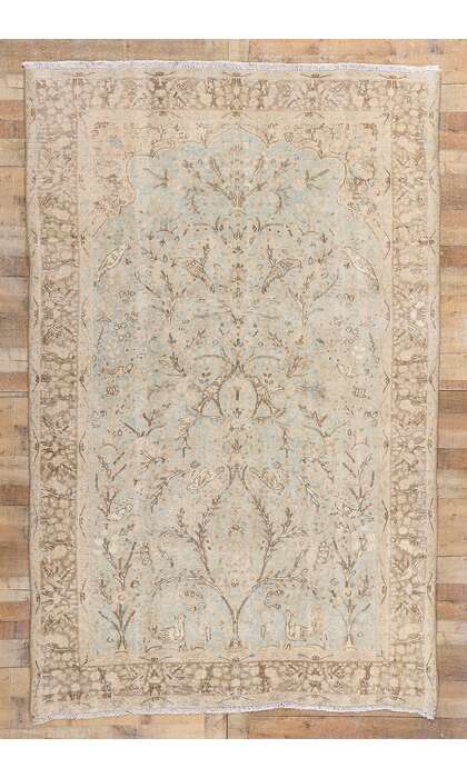 6 x 10 Distressed Antique Persian Tabriz Pictorial Prayer Rug 61383